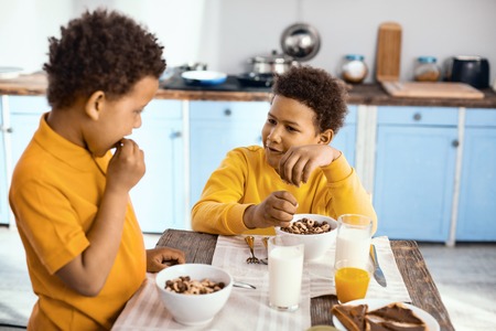 Pleasant conversation. Upbeat pre-teen boys sitting at the table and chatting with each other while eating cereals for breakfastの写真素材