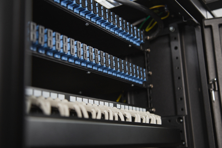 From inside. Close up of innovative server closer stuffing with equipment