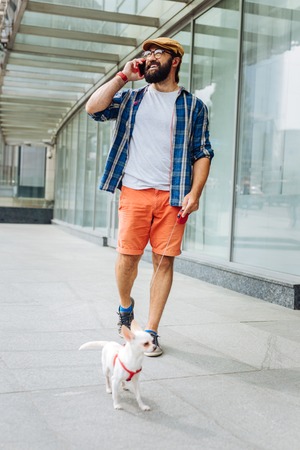 Pet lover. Caring pet lover wearing bright red shorts and blue shirt walking with his little white dogの写真素材