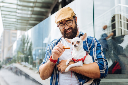 Holding dog. Modern man wearing red smart watch and earphones walking in the city holding dog on handsの写真素材