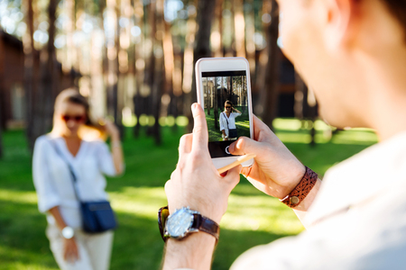 Mobile camera. Selective focus of a smartphone screen being used for taking photosの写真素材