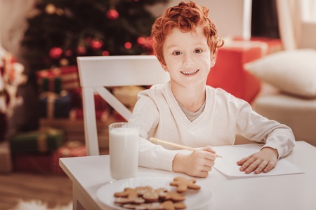Eyes full of candor. Portrait of positive little boy sitting at the table while looking at you with a smileの写真素材