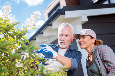 Blossoming tree. Couple of successful businessmen feeling relieved and happy while watching their tree in the garden blossomingの写真素材