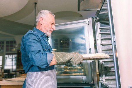 Bearded baker. Bearded grey-haired baker wearing striped apron putting tray with pie into oven