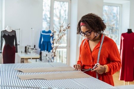 Creating model. Accurate professional clothes designer working with draft models of her future...
