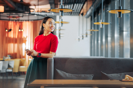Near grey sofa. Slim appealing dark-haired woman standing near grey sofa in restaurantの写真素材
