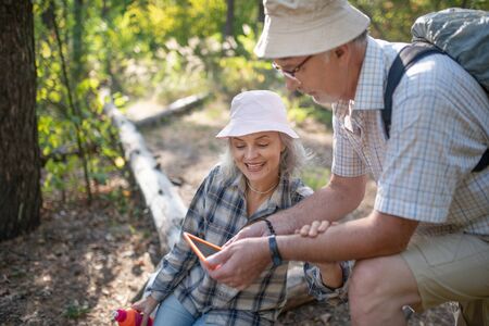 Searching route. Husband wearing glasses holding tablet while searching route for walk in parkの写真素材