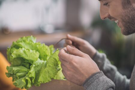 Nice greens. Young man holding greens in his hands and smilingの写真素材