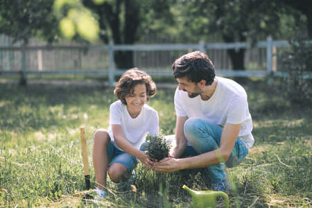 In the garden. Dark-haired boy and his dad holding the plant and talkingの写真素材