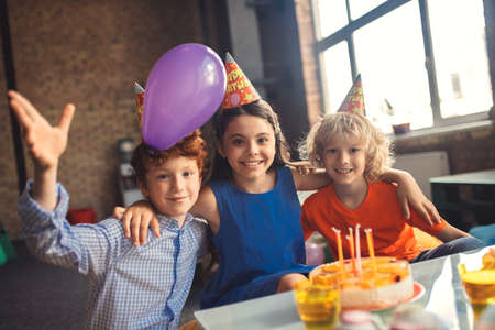 Bday. Three children celebrating bday and feeling happy