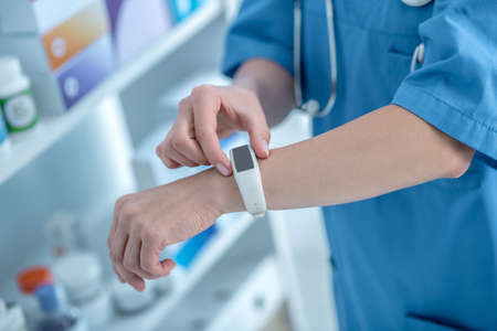 Smartwatch. Close up picture of a human hand with a smartwatch