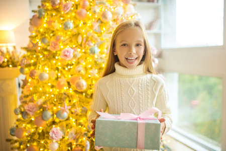 Happy girl. Cute girl holding christmas gifts and looking happy