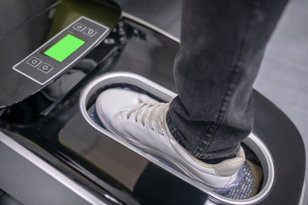 Thermo film. Foot in sneaker, standing in special apparatus on platform lowered down and automatically putting on shoe coverの写真素材