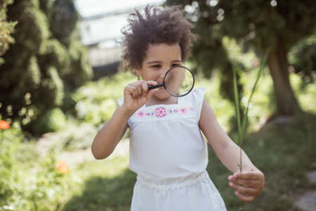 Magnifier. Curly-haired little girl holding a magnifier and looking interested