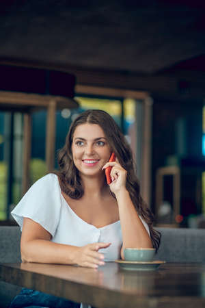 Communication, smartphone. Happy woman in white blouse with smartphone near ear sitting at table in...