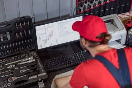Back view of man looking at diagram on computer