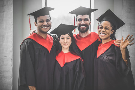 A company of graduates looking happy and cheerfulの写真素材
