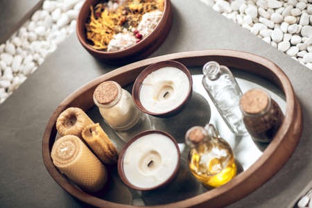 Close up picture of natural oils and herbsの写真素材