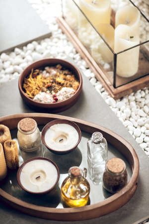 Close up picture of natural oils and herbsの写真素材