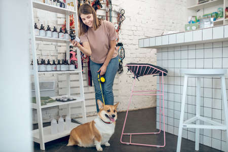 Dark-haired girl and her corgi choosing toys in a pet shop