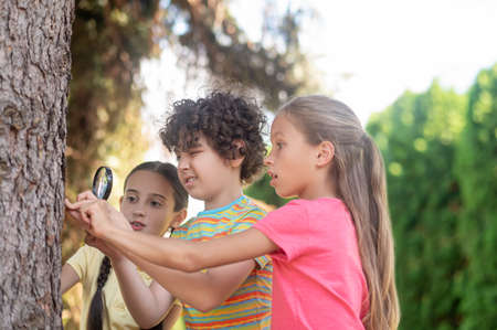 Boy with magnifying glass and two girlsの写真素材
