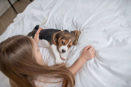 A cute girl playing with her puppy and looking happyの写真素材