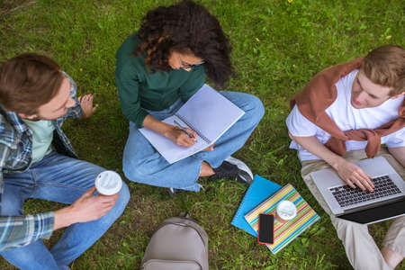 A group of young people sitting on the grass and getting ready for the exams