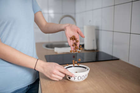 Woman filling the ceramic feeding bowl with pelleted feedの写真素材