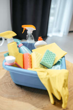 Close up picture of cleaning stuff in a boxの写真素材