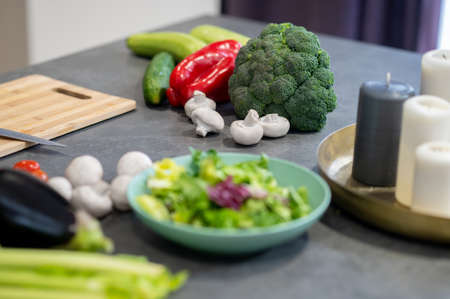Close up of different vegetables on the tableの写真素材