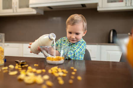 Focused child mixing ingredients for a cold oatmeal dishの写真素材