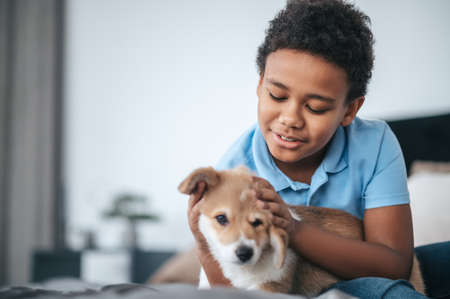 A dark-skinned boy holding a cute puppy and smilingの写真素材