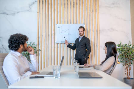 Businessman explaining the dollar-to-hour ratio on the graph to colleagues