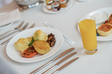 Close up picture of breakfast served on the tableの写真素材