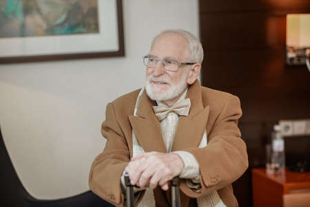 Bearded gentleman sitting in an arcmchair in a hotelの写真素材