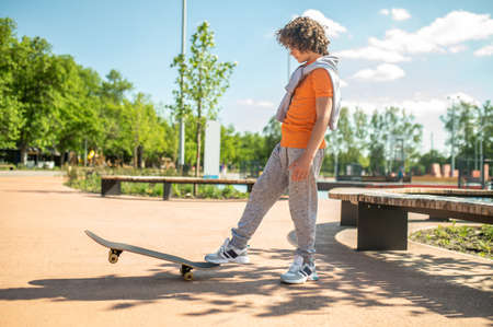 Adolescent practicing a skateboarding trick in the parkの写真素材