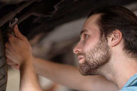 Focused young Caucasian automotive technician repairing the customer vehicleの写真素材
