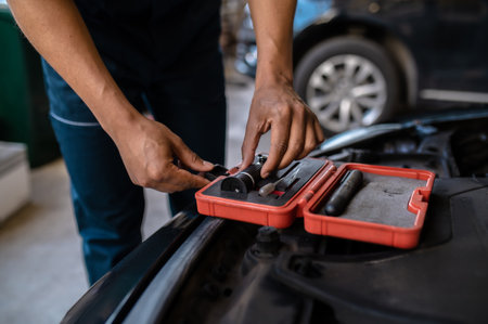 Mechanic selecting an optical tool for workの写真素材