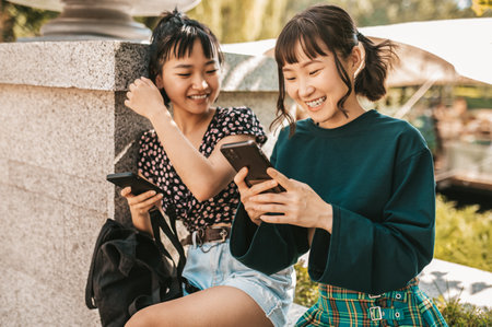 Young gils sitting in the park and spending time in social mediaの写真素材