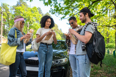 Group of young people in the forest standing near the car and eating sandwichesの写真素材
