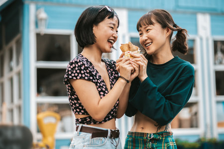 Excited girls eating together a sandwich and looking entertainedの写真素材