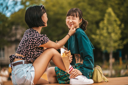 Cute young girls spedning time together in the parkの写真素材