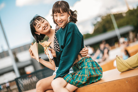 Beautiful young girls spending weekend together and looking happy