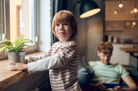 Cute ginger boy hoding a flower pot with a home plantの写真素材