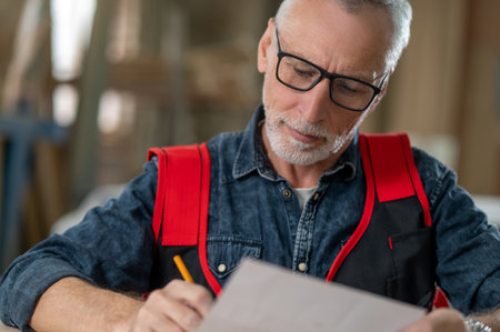 A bearded man sitting at the table and writing something