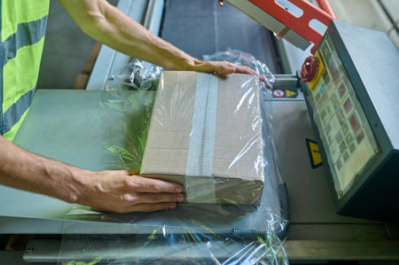 Worker packing merchandise applying modern industrial equipmentの写真素材