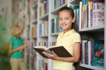 Dark-haired cute girl with a book in hands standing near the bookshelvesの写真素材