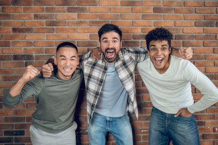 Cheerful company of pals standing against the brick wall indoorsの写真素材