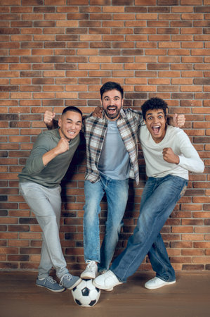 Merry company of football fans posing for the cameraの写真素材
