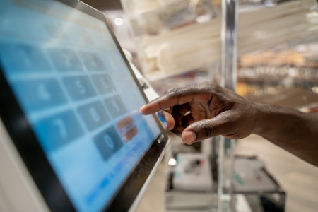 Close up picture of a screen and mans hand touching buttonsの写真素材